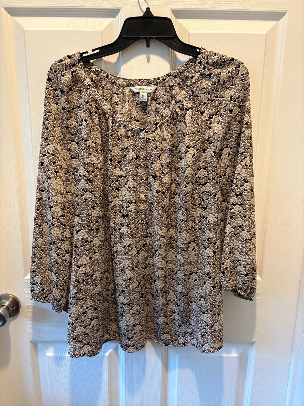 Croft & Barrow Women’s XL Brown Floral 3/4 Sleeve Split Neck Blouse Boho